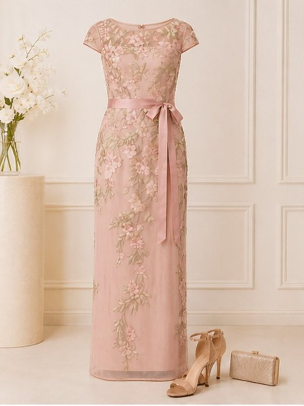 ADRIANNA PAPELL Blush Floral Embroidered Column Gown Size 10 NWT Formal Luxury